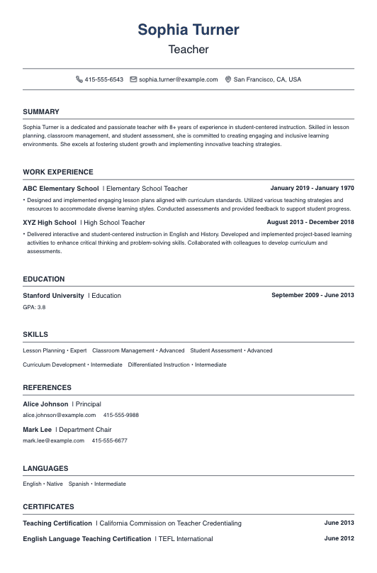 Teacher Resume