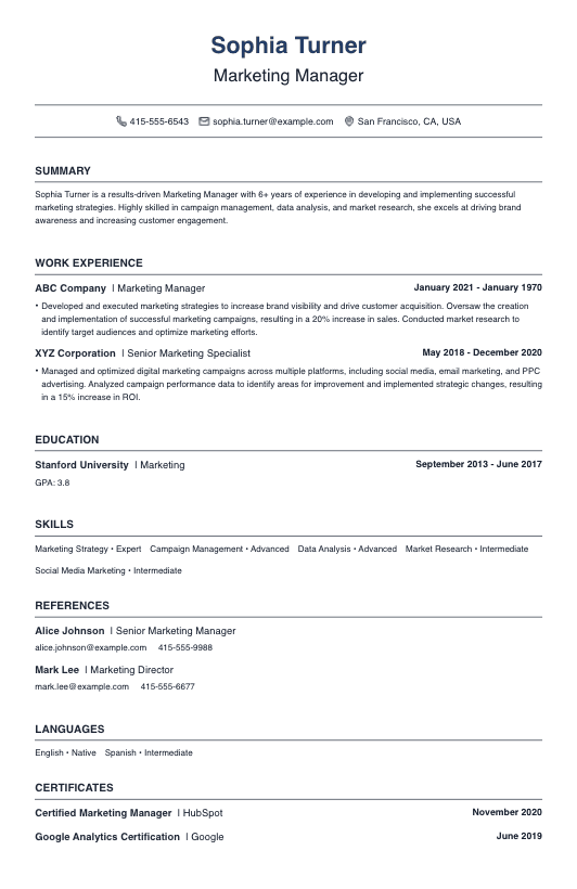 Marketing Manager Resume