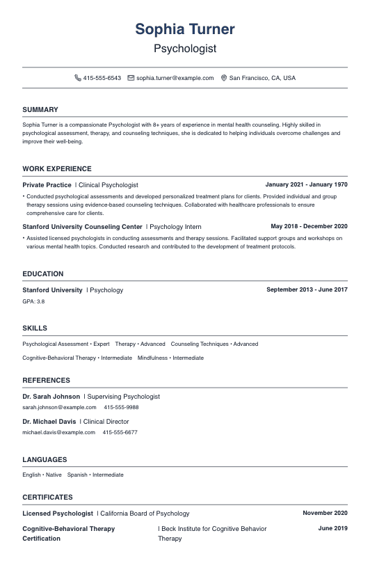 Psychologist Resume