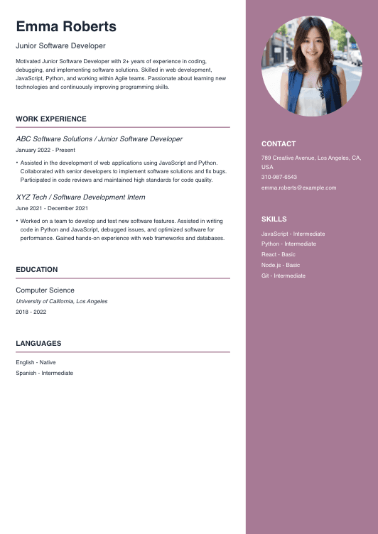 Junior Software Developer Resume With Summary