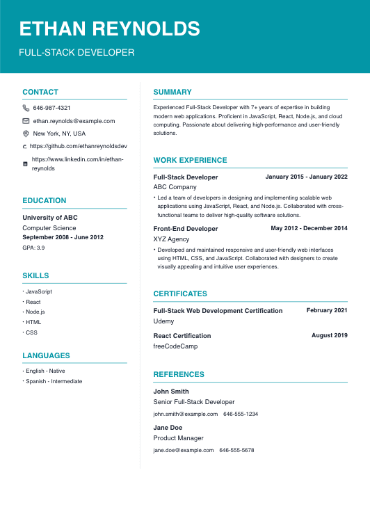 Simple and Professional Fullstack Developer Resume Template