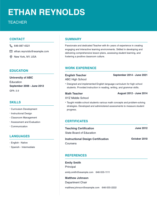 Simple Professional Teacher Resume