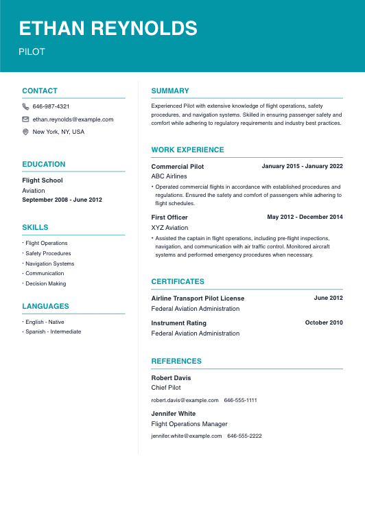 Simple and Professional Pilot Resume Template