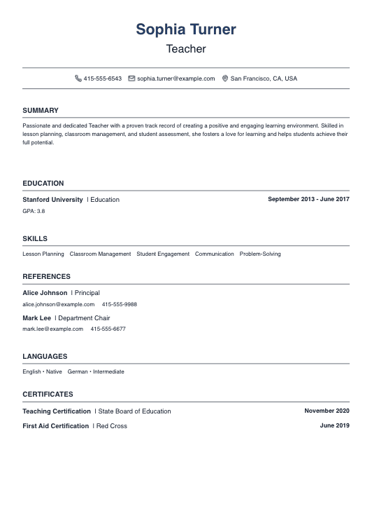 No Experience Teacher Resume