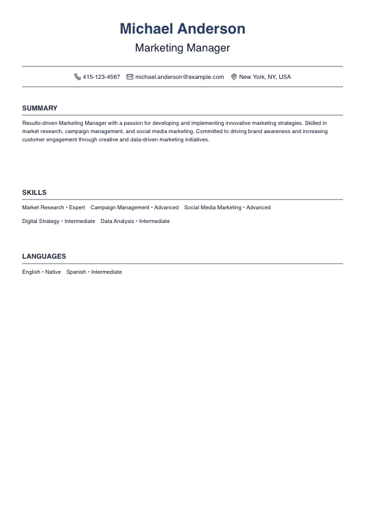 No Experience Marketing Manager Resume