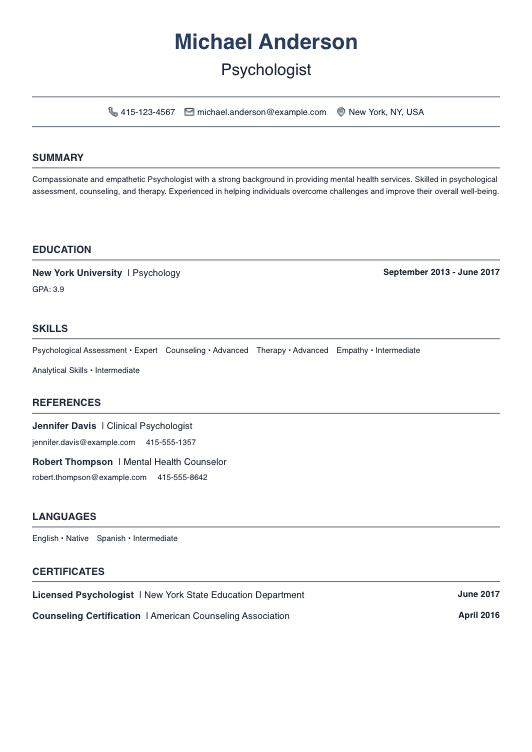 Psychologist Resume - No Experience