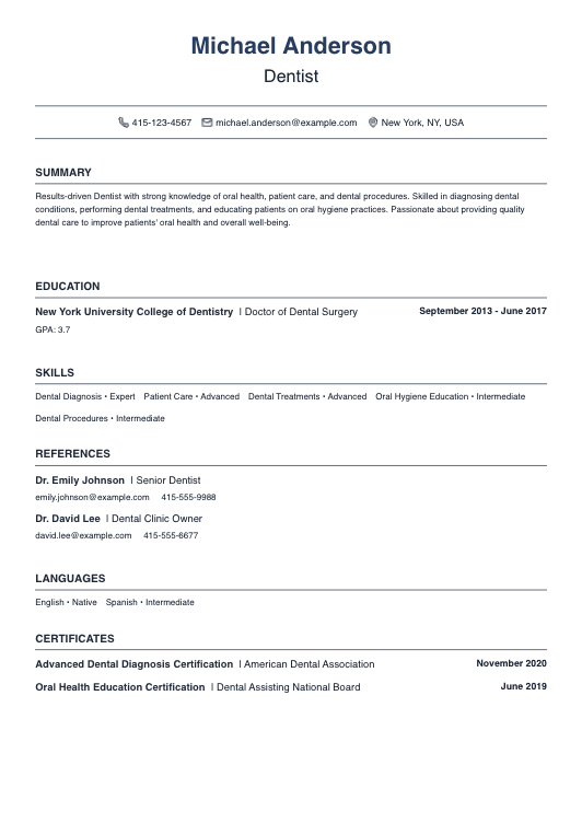 No Experience Dentist Resume