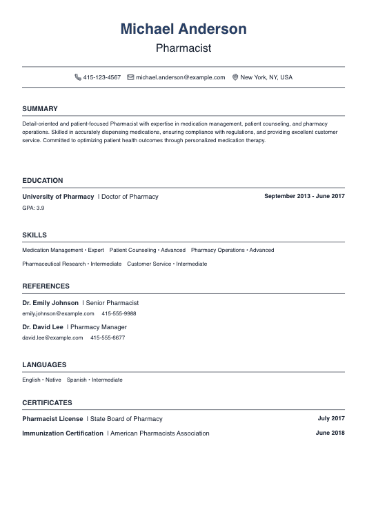 Pharmacist Resume