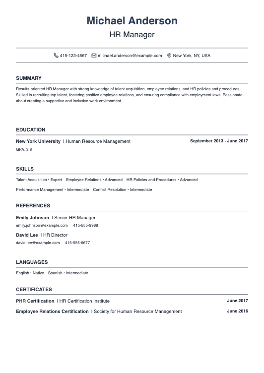 No Experience HR Manager Resume